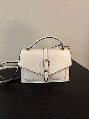 White Top-Handle Crossbody Bag with Gold Buckle - Cream Purse - Removable Strap